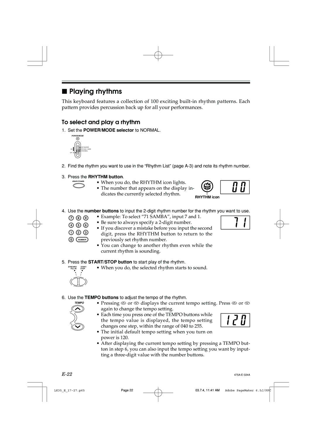 Casio LK35 manual Playing rhythms, To select and play a rhythm 