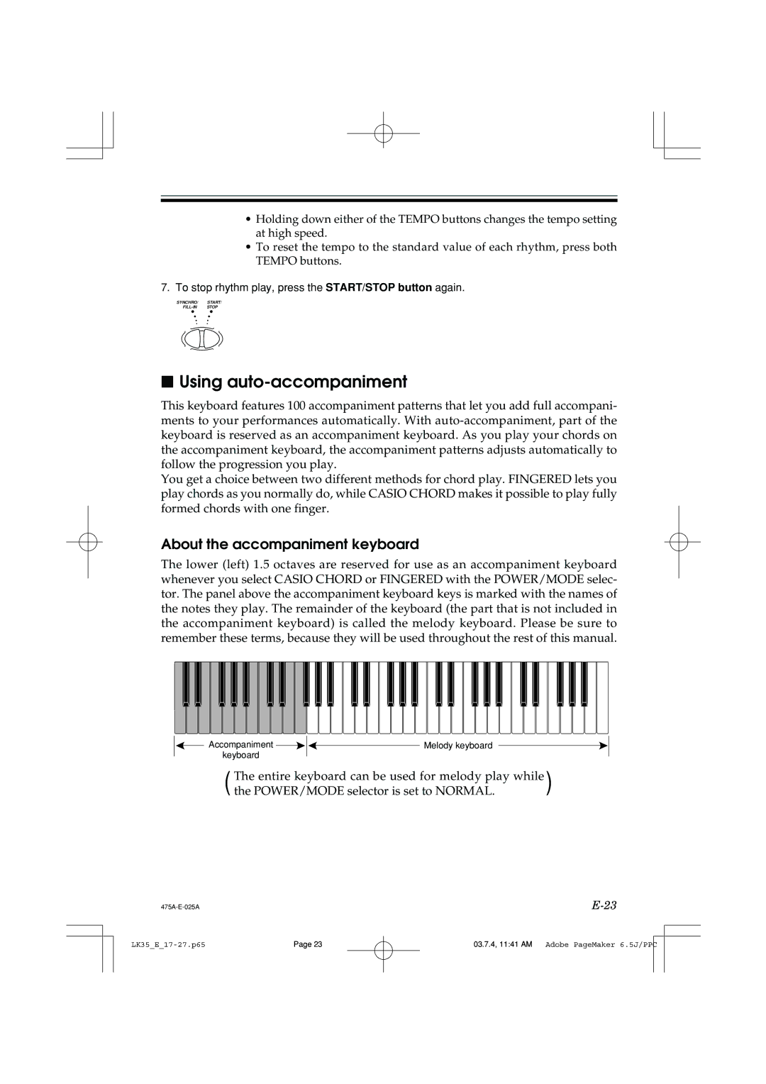 Casio LK35 manual Using auto-accompaniment, About the accompaniment keyboard 