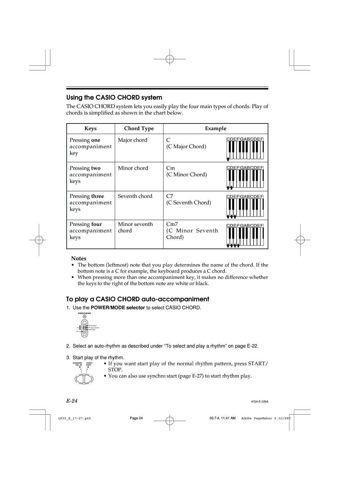 Casio LK35 manual Using the Casio Chord system, To play a Casio Chord auto-accompaniment, Keys Chord Type Example 