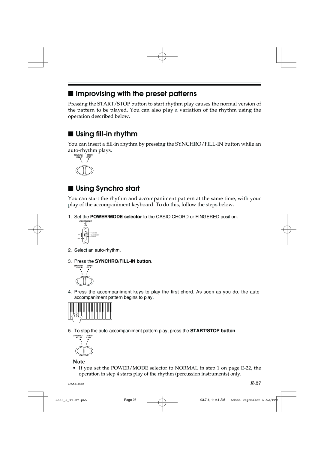 Casio LK35 manual Improvising with the preset patterns, Using fill-in rhythm, Using Synchro start 