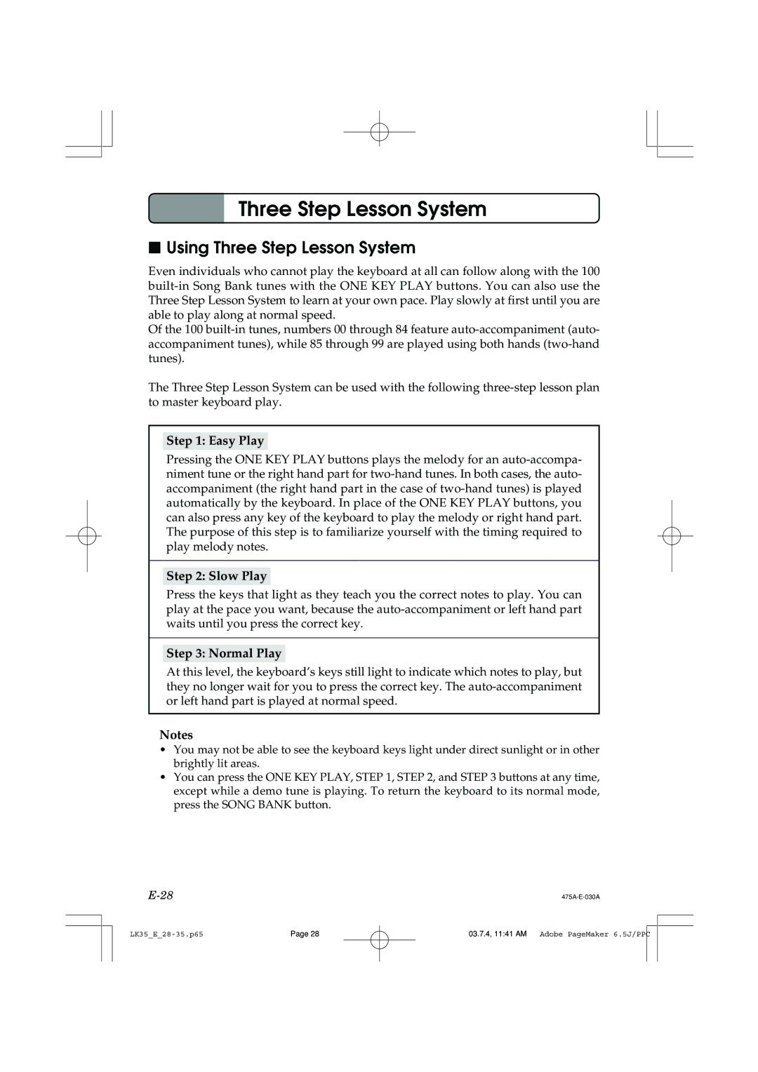 Casio LK35 manual Using Three Step Lesson System, Easy Play, Slow Play, Normal Play 