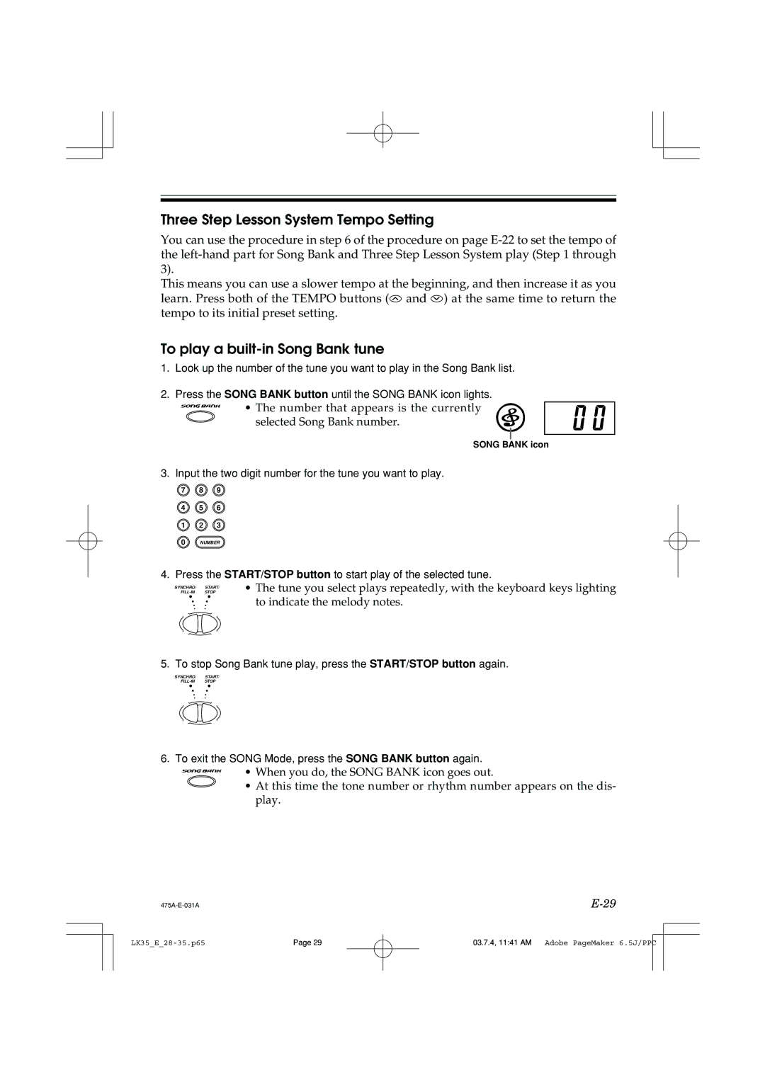 Casio LK35 manual Three Step Lesson System Tempo Setting, To play a built-in Song Bank tune 