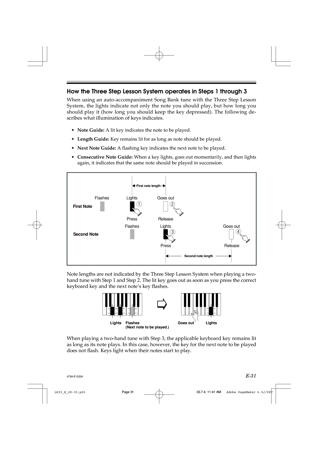 Casio LK35 manual How the Three Step Lesson System operates in Steps 1 through 