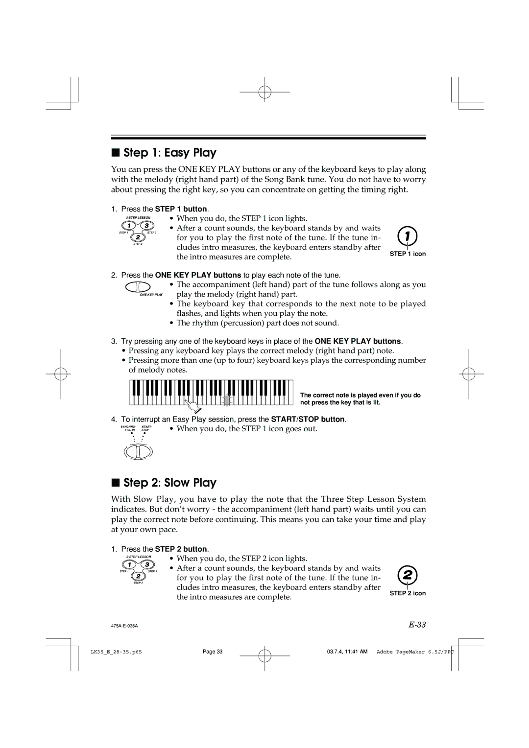 Casio LK35 manual Easy Play, Slow Play 