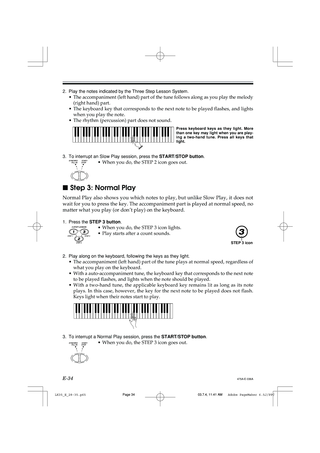 Casio LK35 manual Normal Play 