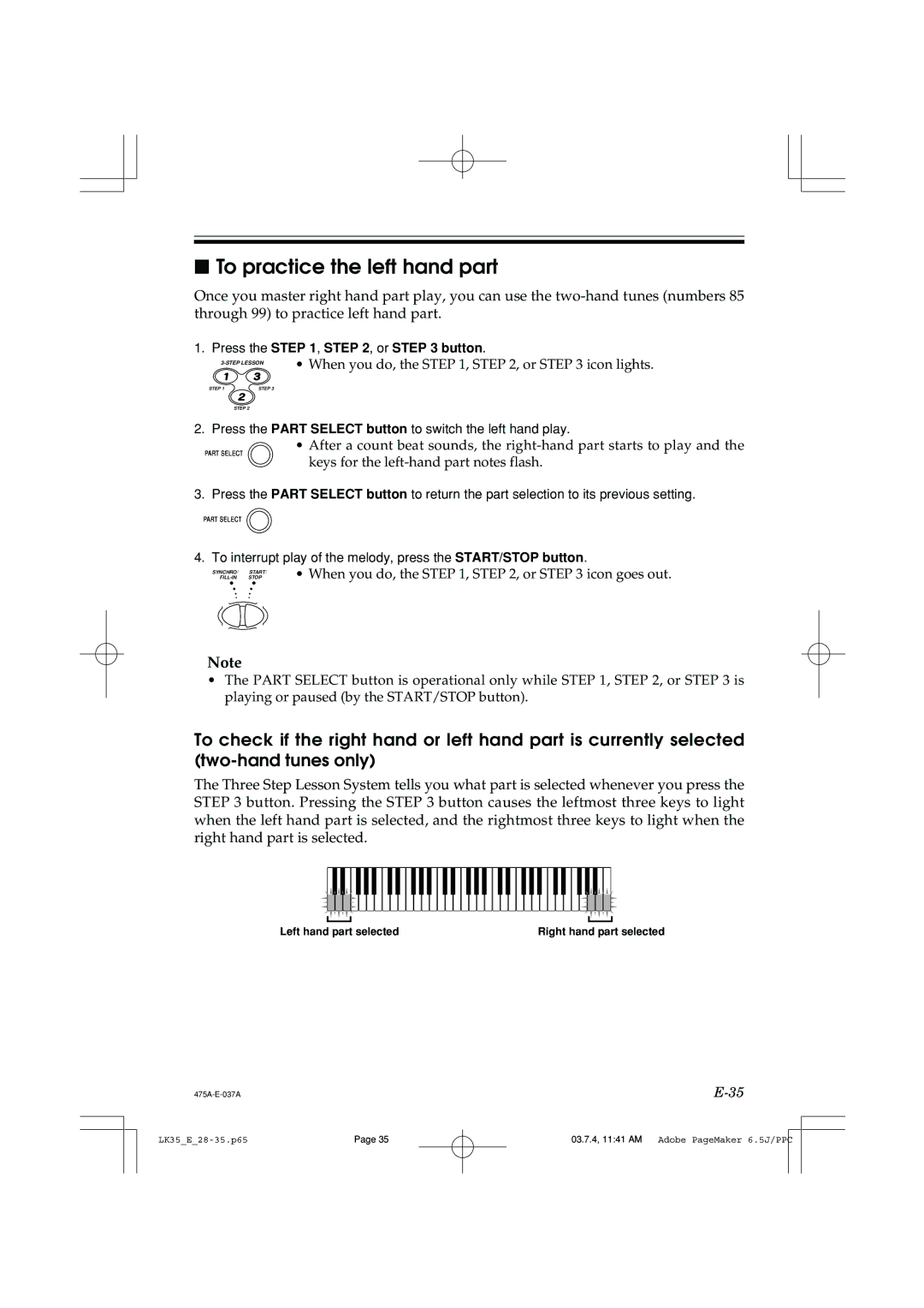 Casio LK35 manual To practice the left hand part, Left hand part selected 