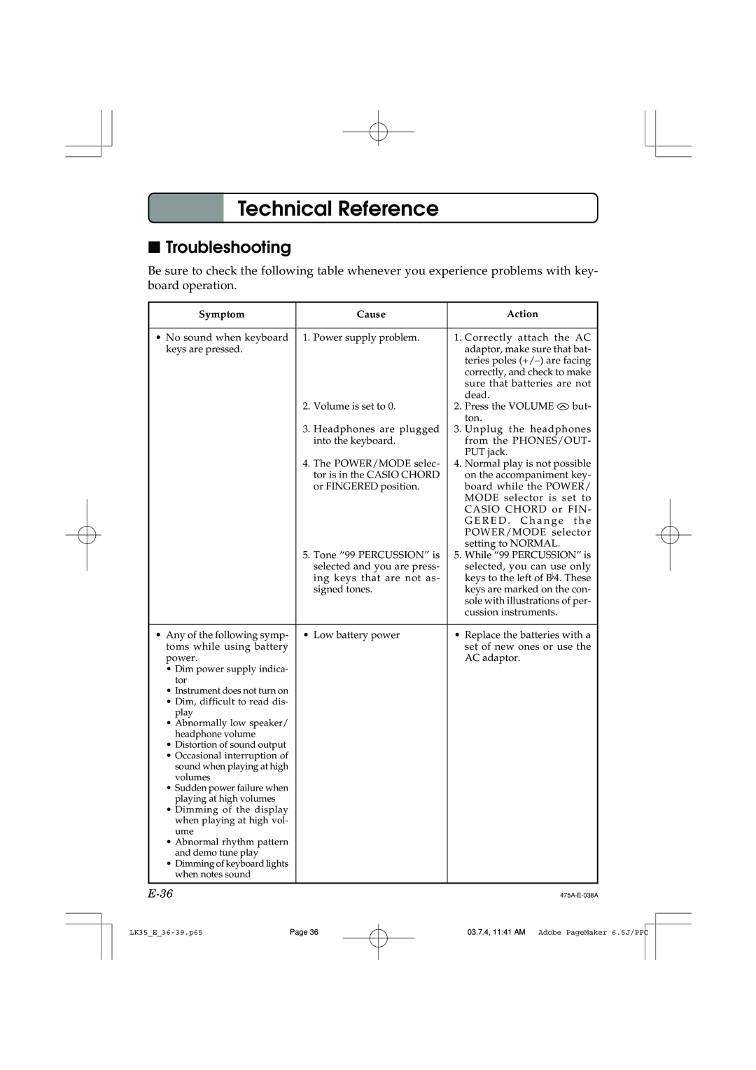 Casio LK35 manual Technical Reference, Troubleshooting 