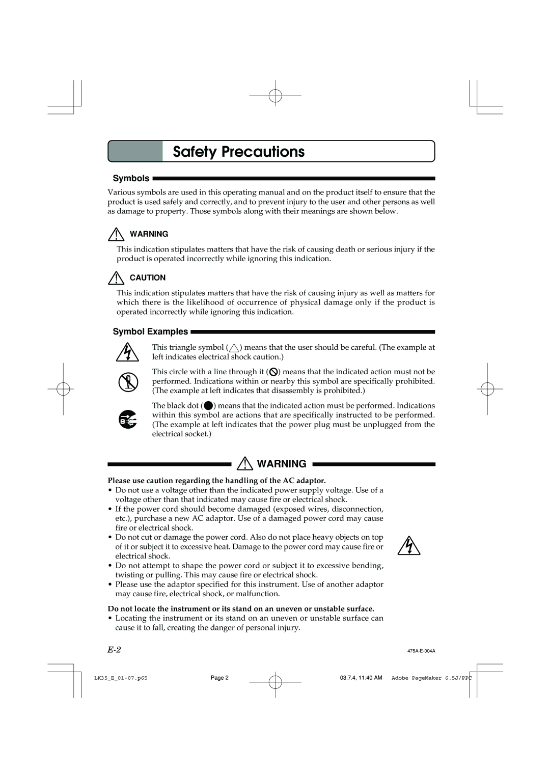 Casio LK35 manual Safety Precautions, Symbols, Symbol Examples 