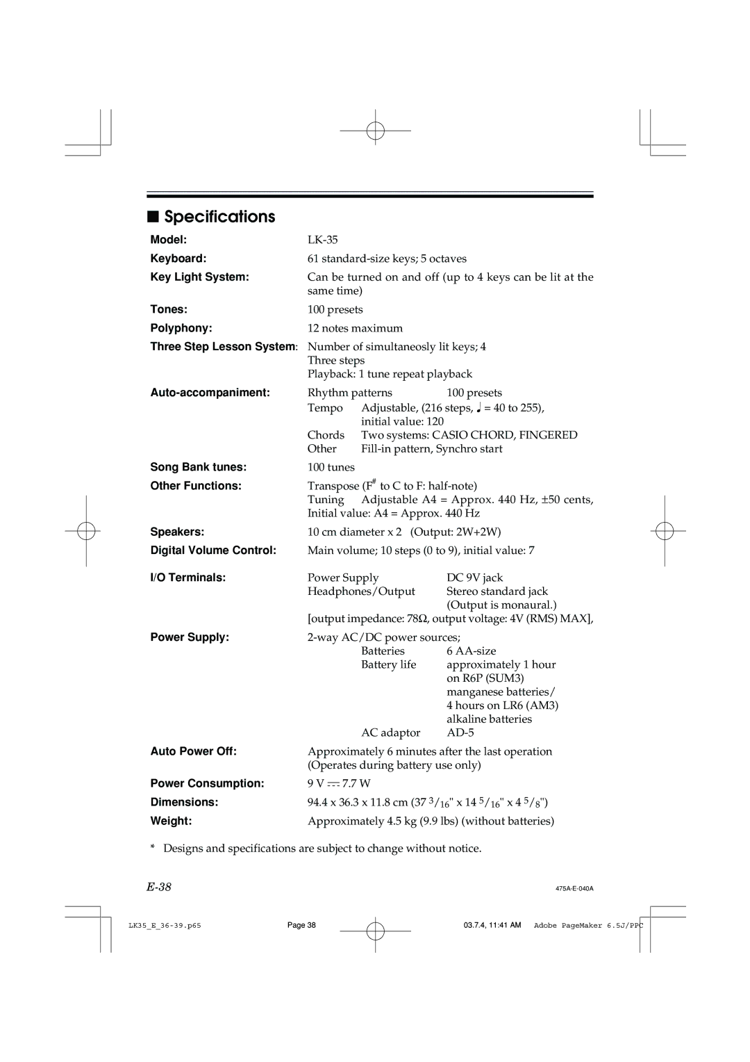 Casio LK35 manual Specifications, Polyphony 