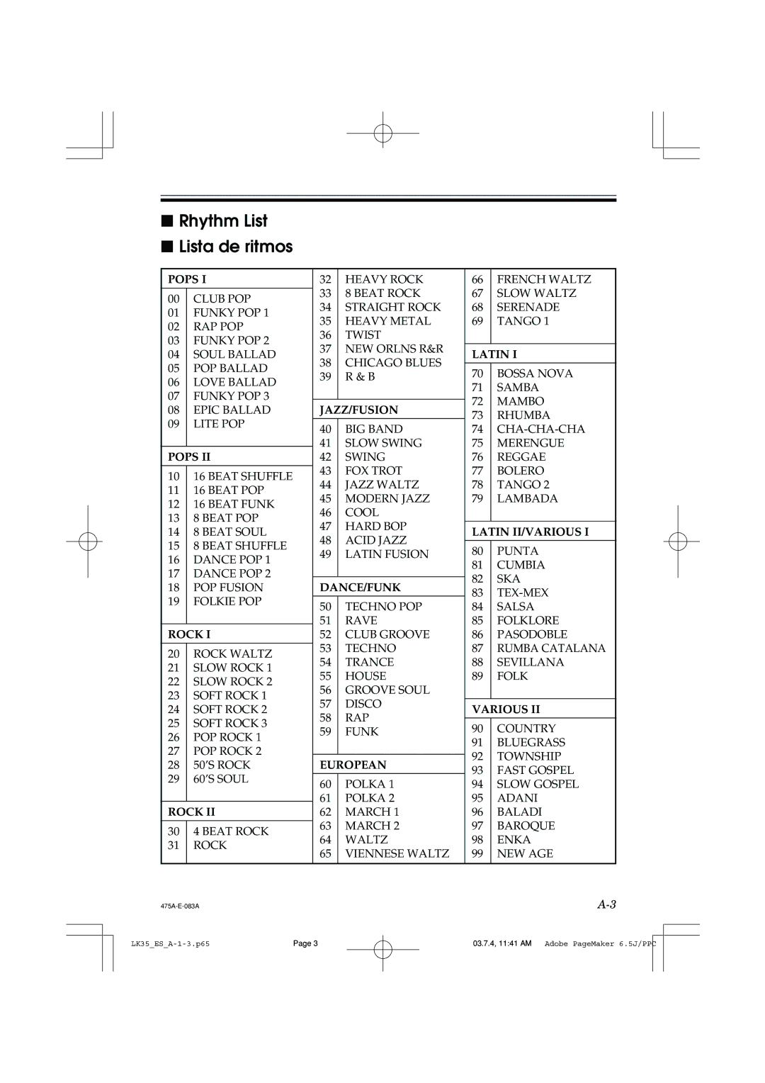 Casio LK35 manual Rhythm List Lista de ritmos, Various 