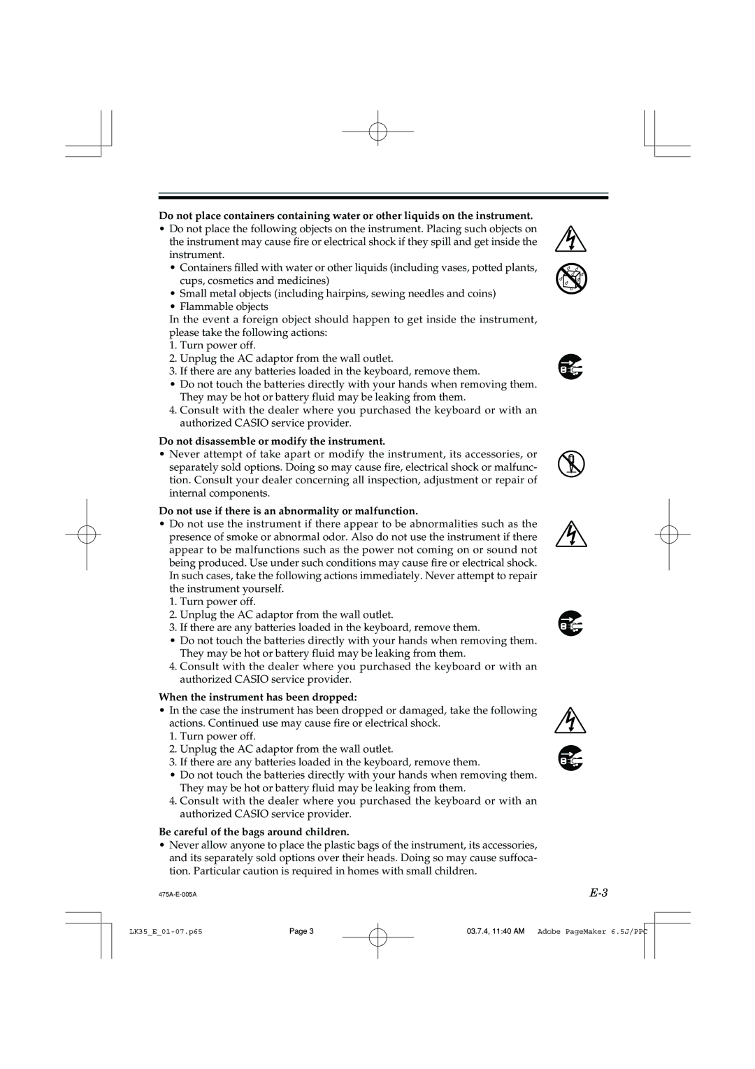 Casio LK35 manual Do not disassemble or modify the instrument 