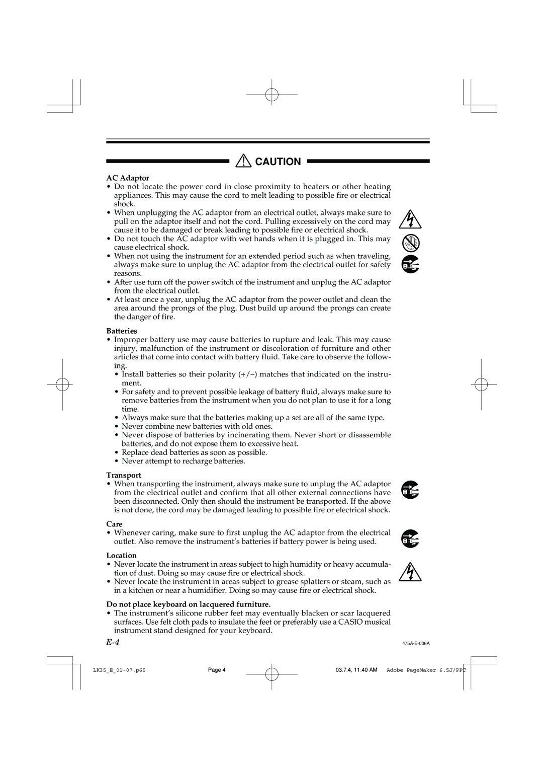 Casio LK35 manual AC Adaptor 