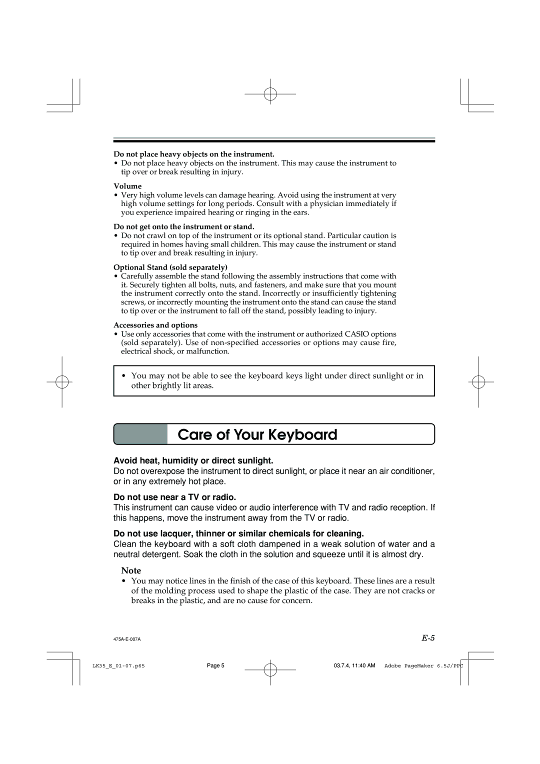 Casio LK35 manual Care of Your Keyboard, Avoid heat, humidity or direct sunlight, Do not use near a TV or radio 