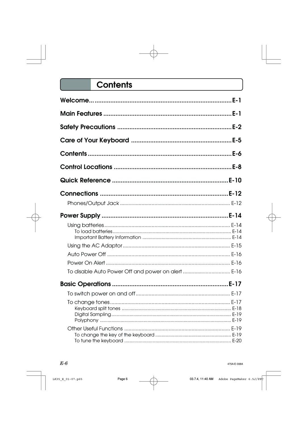 Casio LK35 manual Contents 