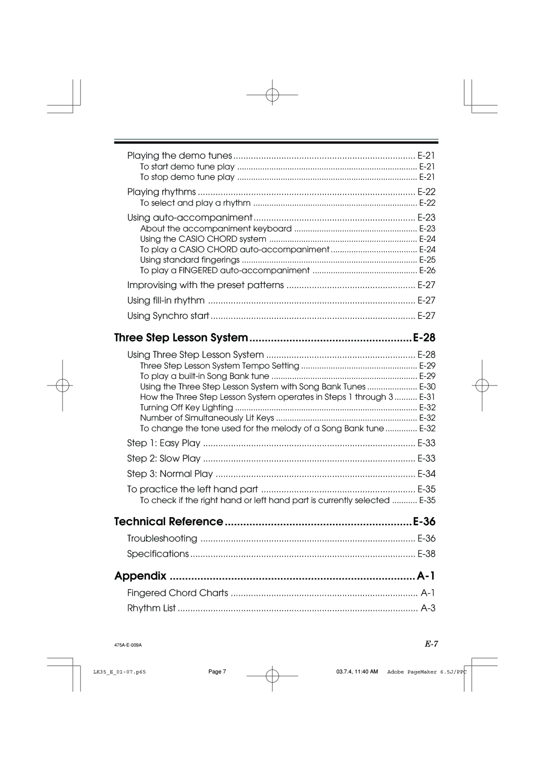 Casio LK35 manual Technical Reference 