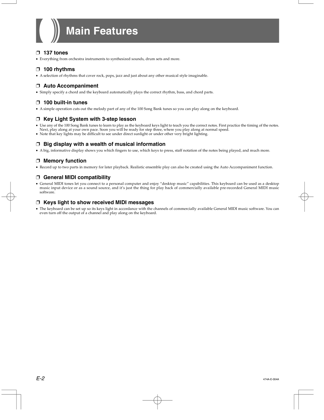 Casio LK50 manual Main Features, Rhythms 