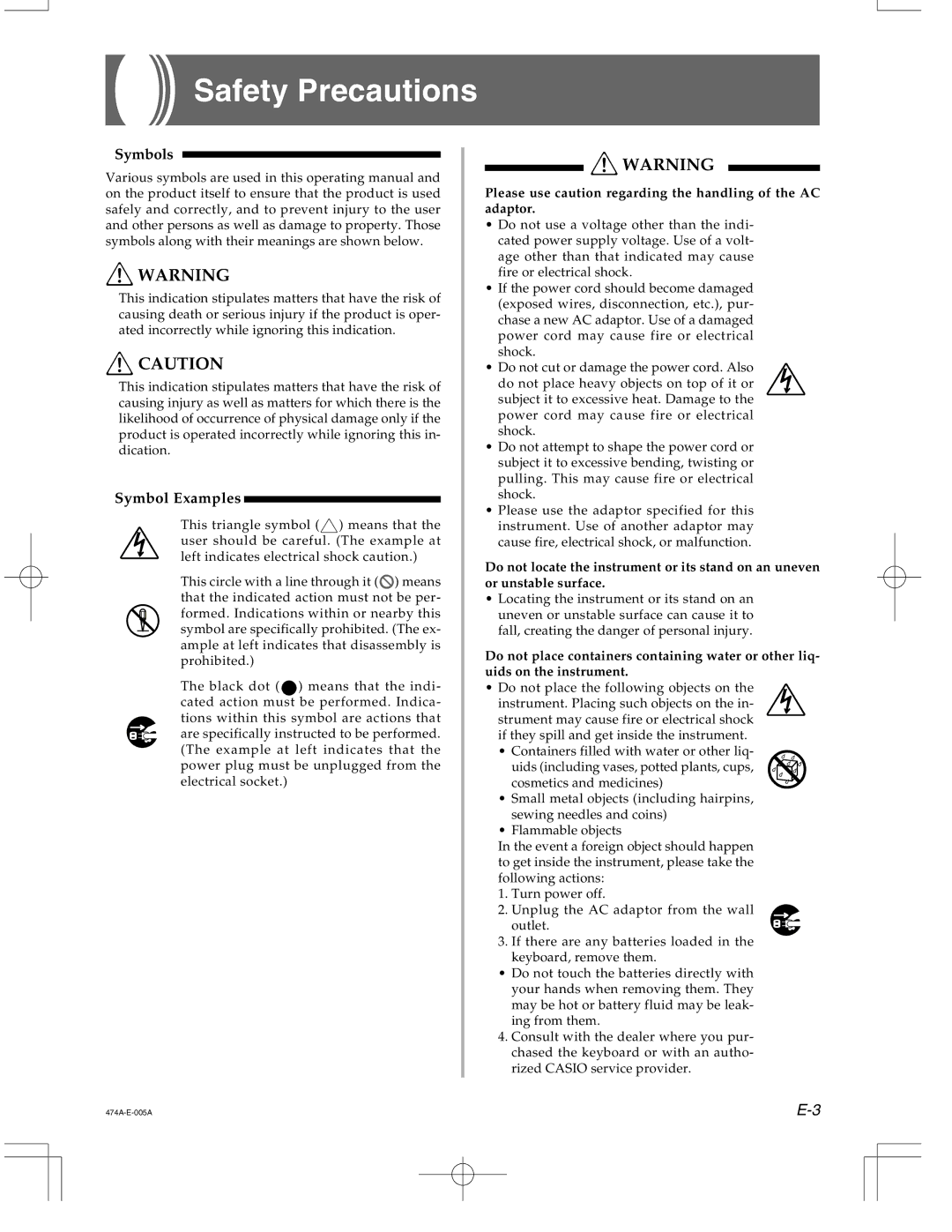 Casio LK50 manual Safety Precautions, Please use caution regarding the handling of the AC adaptor 