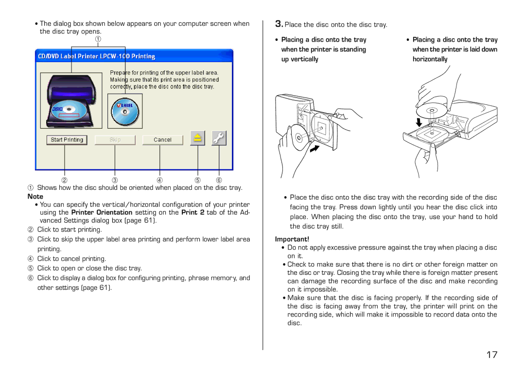 Casio LPCW-100 manual Placing a disc onto the tray When the printer is standing 