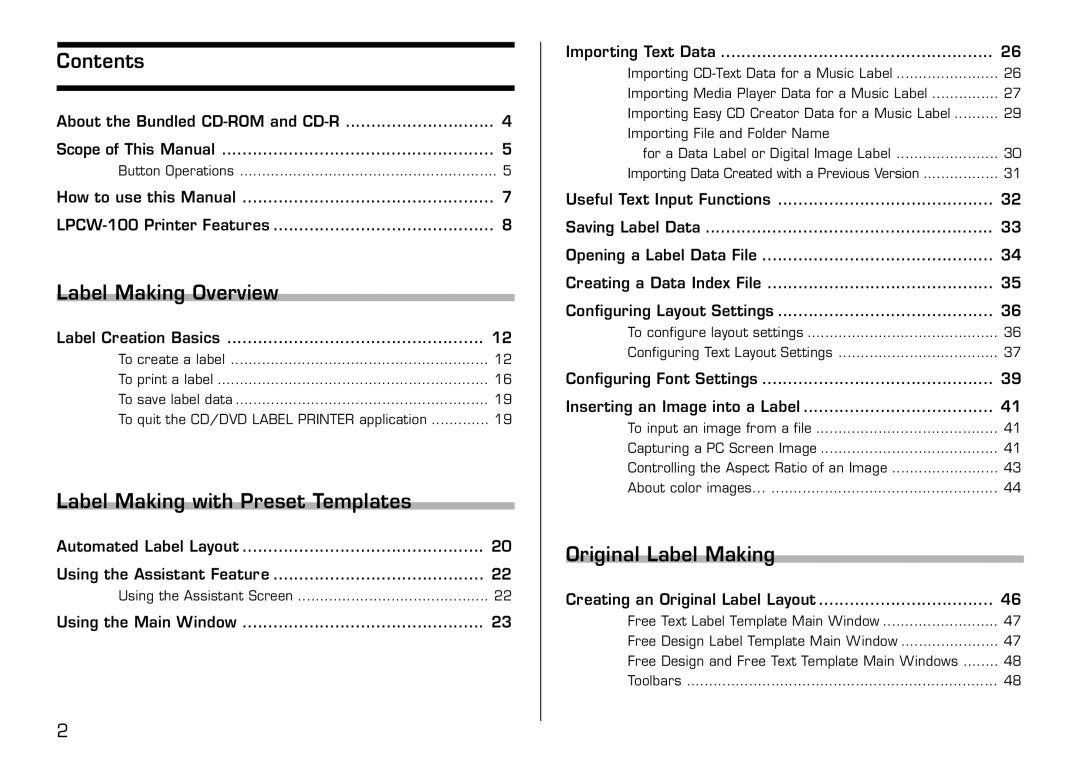 Casio LPCW-100 manual Contents, Label Making Overview, Label Making with Preset Templates, Original Label Making 