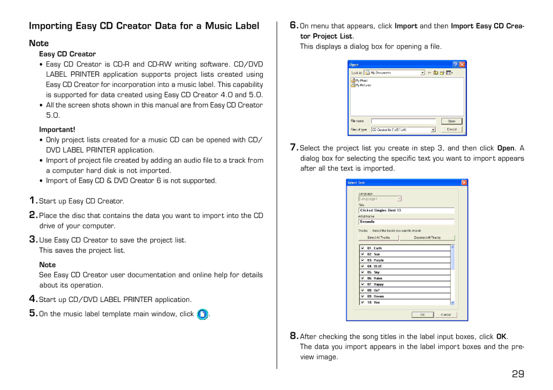 Casio LPCW-100 manual Importing Easy CD Creator Data for a Music Label 