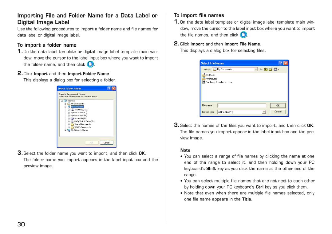 Casio LPCW-100 manual To import a folder name, To import file names 