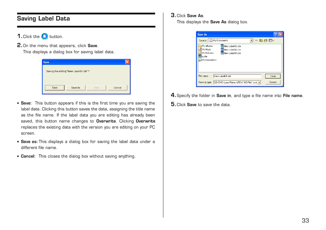 Casio LPCW-100 manual Saving Label Data 