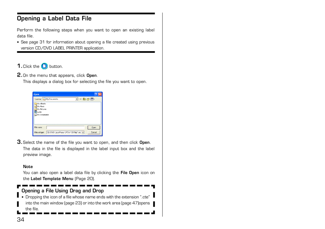 Casio LPCW-100 manual Opening a Label Data File, Opening a File Using Drag and Drop 