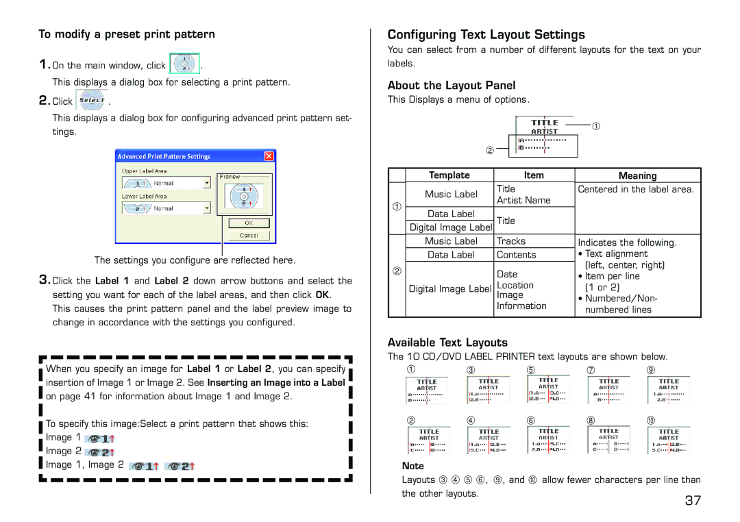 Casio LPCW-100 manual Configuring Text Layout Settings, To modify a preset print pattern, About the Layout Panel 