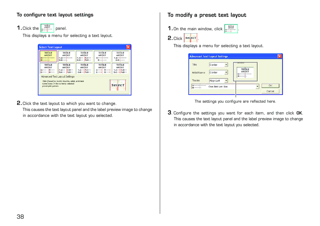 Casio LPCW-100 manual To modify a preset text layout, To configure text layout settings 