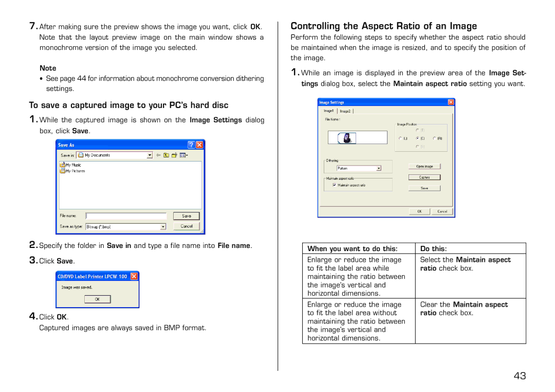 Casio LPCW-100 manual Controlling the Aspect Ratio of an Image, To save a captured image to your PC’s hard disc 