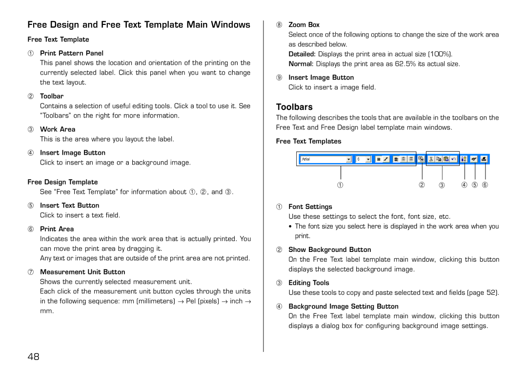 Casio LPCW-100 manual Free Design and Free Text Template Main Windows, Toolbars 