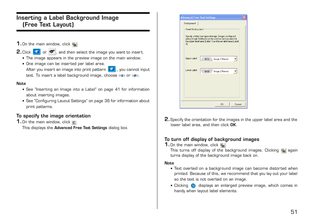 Casio LPCW-100 manual Inserting a Label Background Image Free Text Layout, To specify the image orientation 