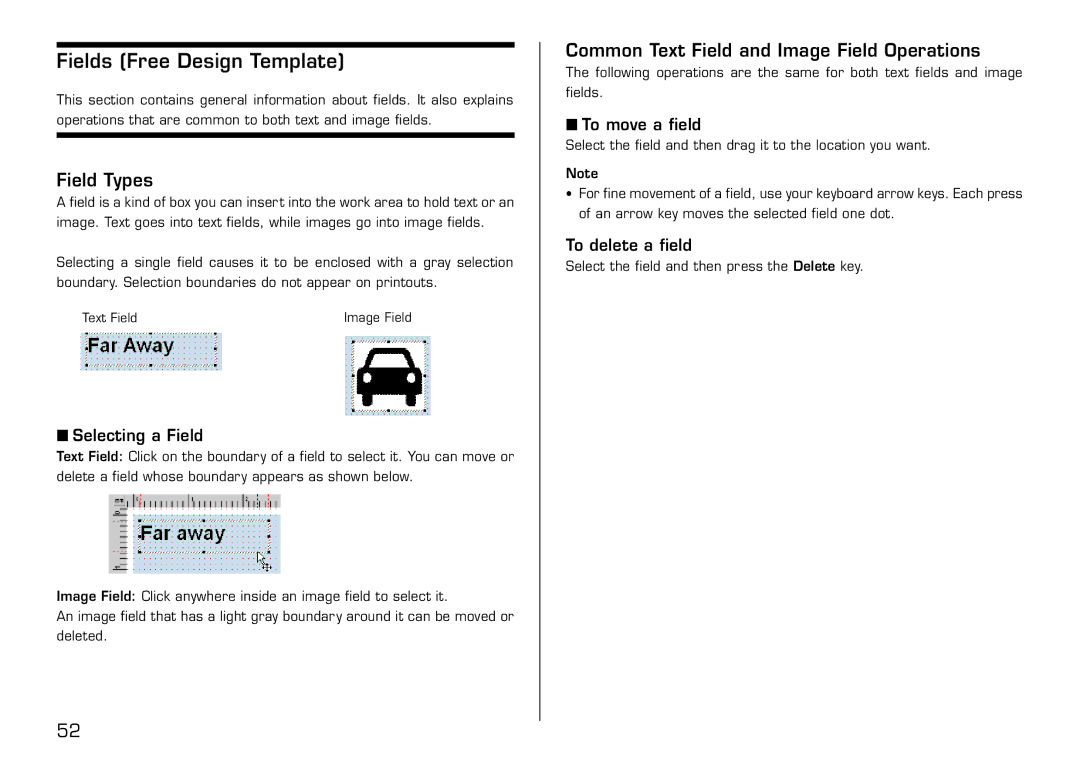 Casio LPCW-100 manual Fields Free Design Template, Field Types, Common Text Field and Image Field Operations 