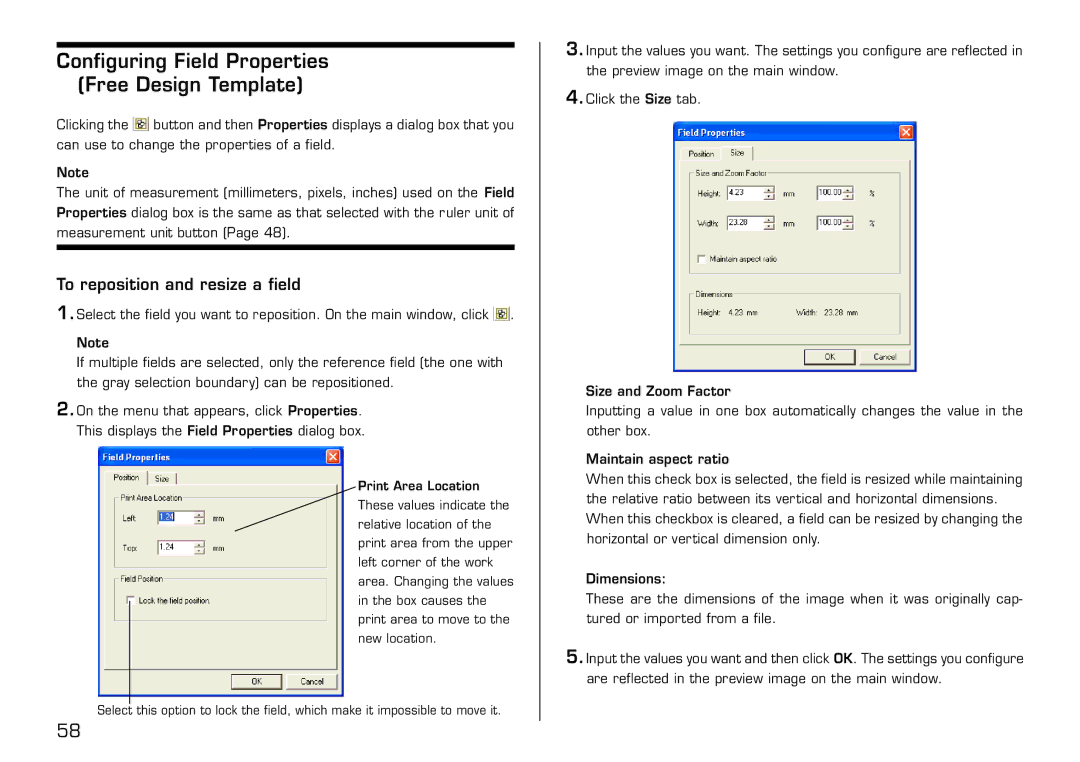 Casio LPCW-100 manual Configuring Field Properties Free Design Template, To reposition and resize a field 