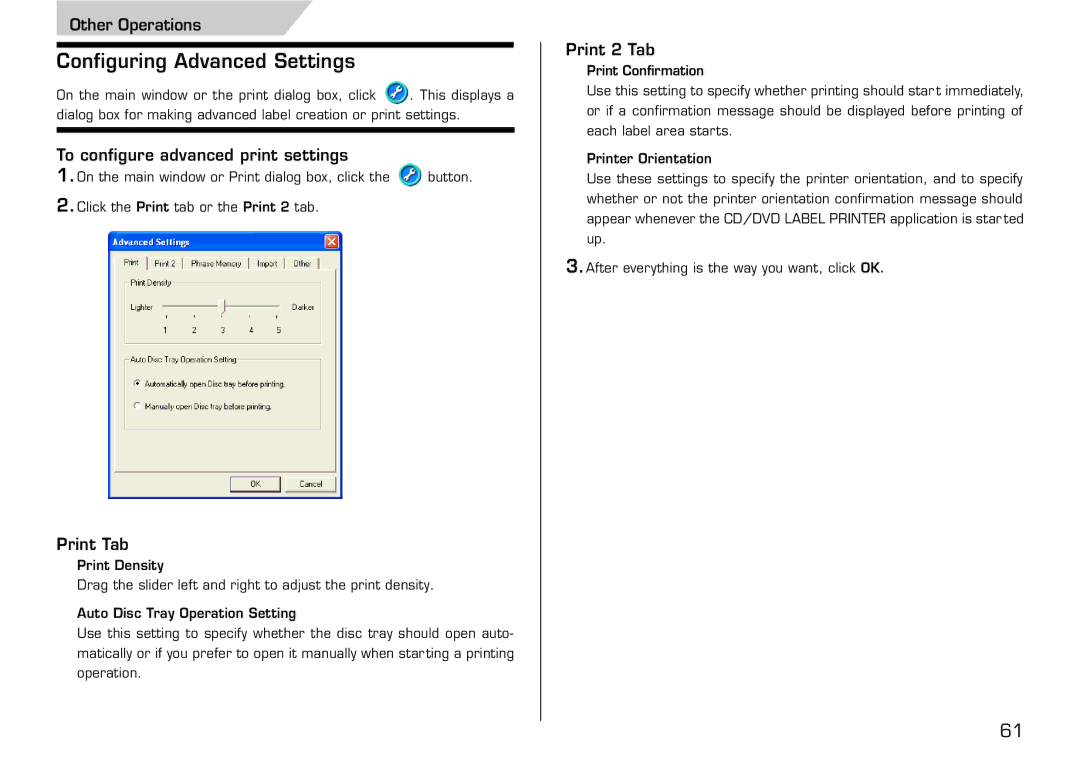 Casio LPCW-100 manual Configuring Advanced Settings, To configure advanced print settings, Print Tab, Print 2 Tab 