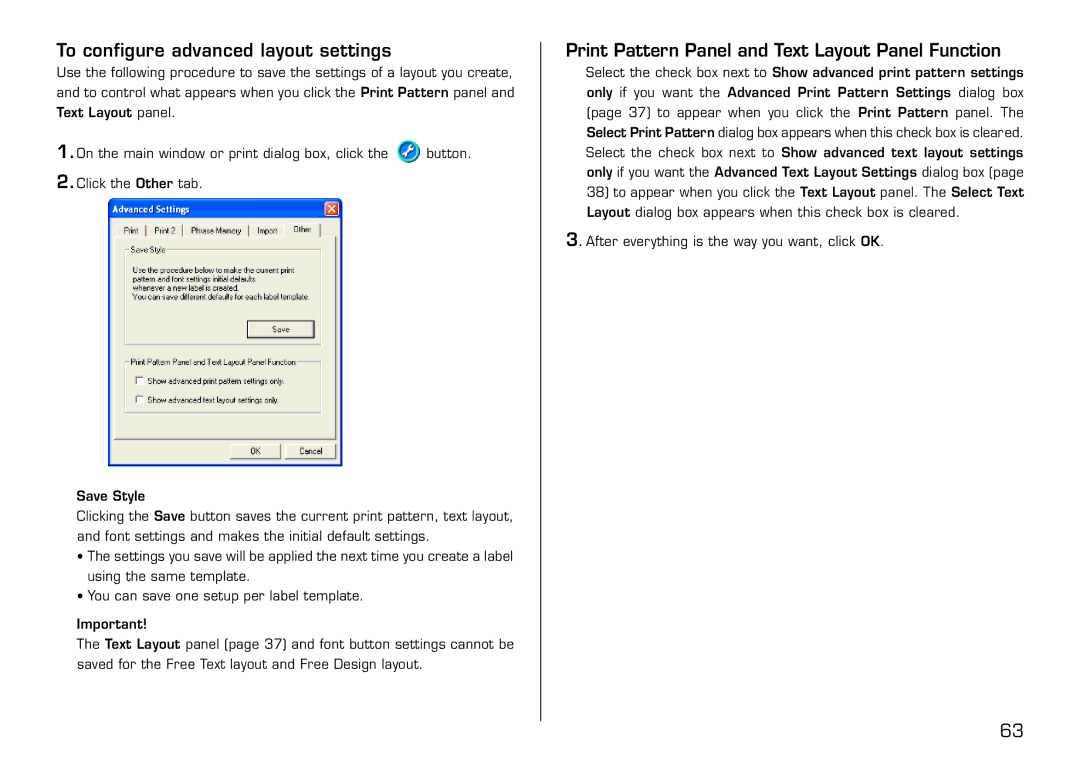 Casio LPCW-100 manual To configure advanced layout settings, Print Pattern Panel and Text Layout Panel Function 