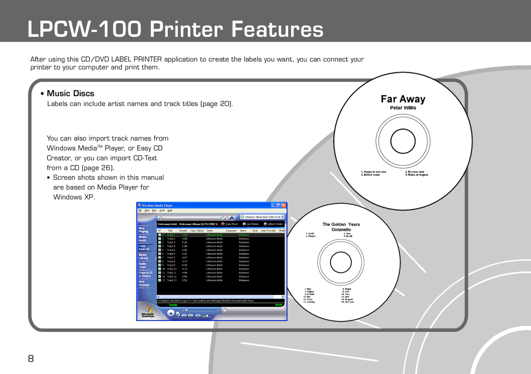 Casio manual LPCW-100 Printer Features, Music Discs 