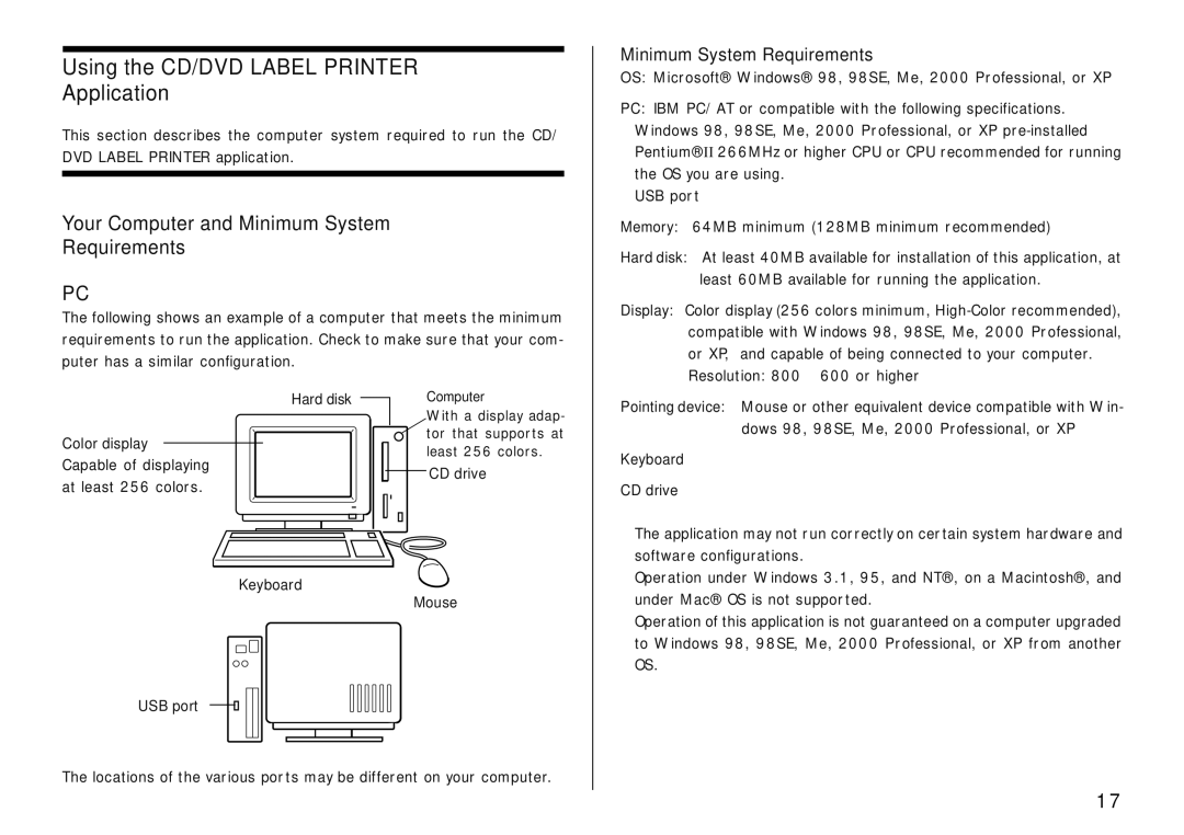 Casio LPCW-50 manual Using the CD/DVD Label Printer Application, Minimum System Requirements 