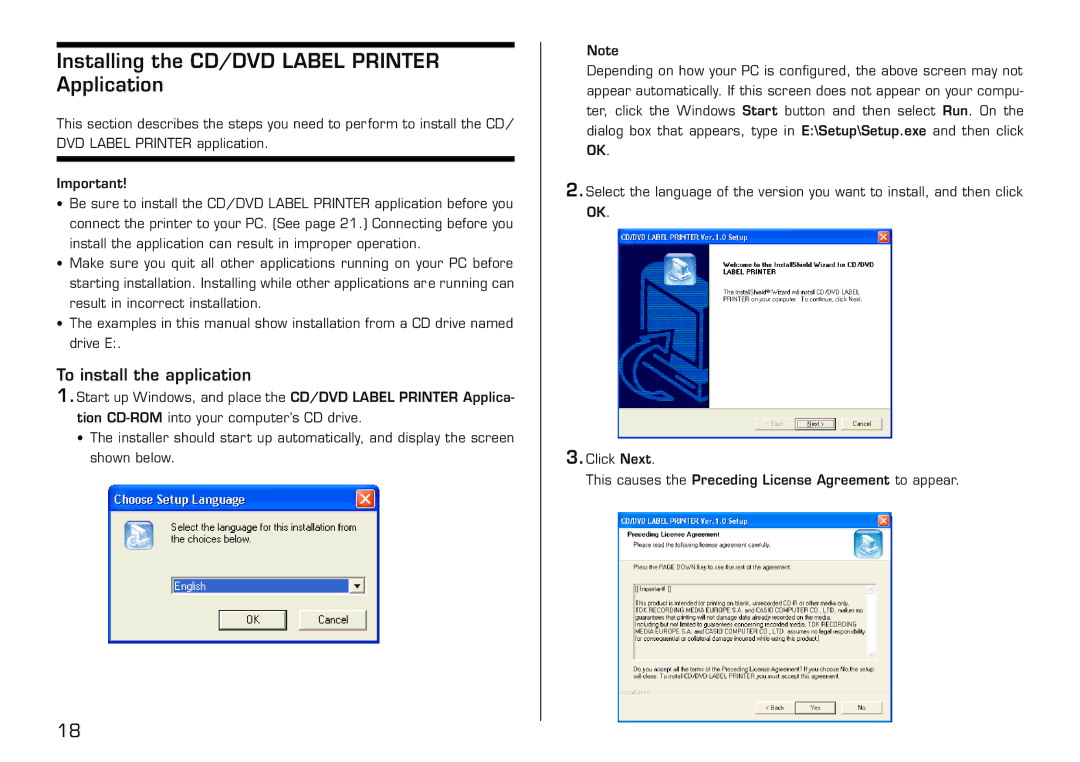 Casio LPCW-50 manual Installing the CD/DVD Label Printer Application, To install the application 