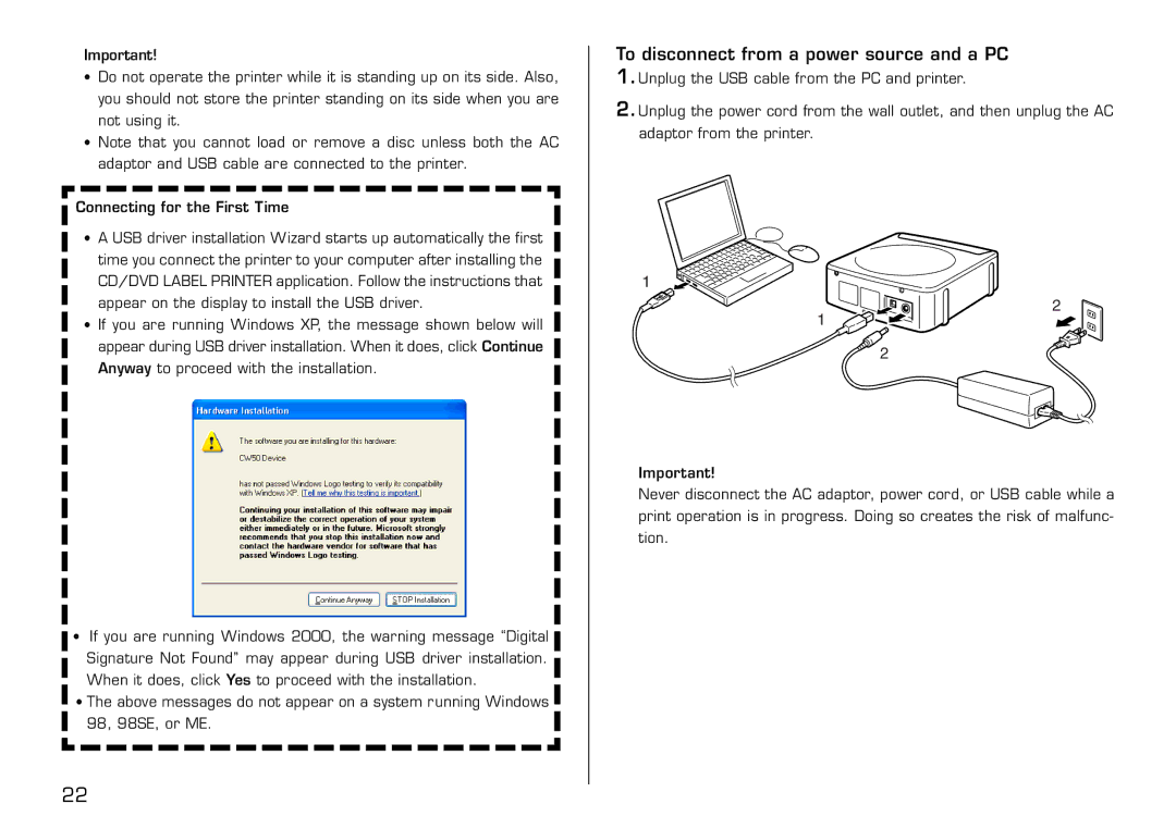 Casio LPCW-50 manual To disconnect from a power source and a PC 