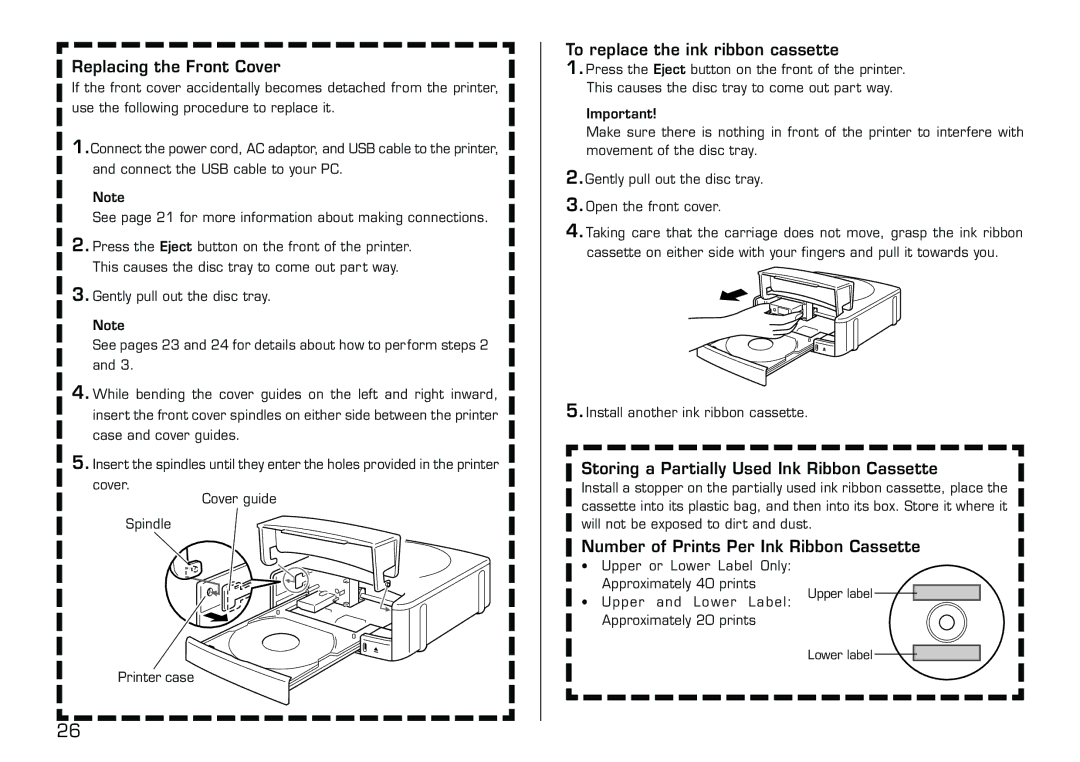 Casio LPCW-50 Replacing the Front Cover, To replace the ink ribbon cassette, Storing a Partially Used Ink Ribbon Cassette 