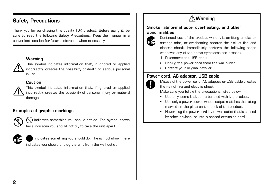 Casio LPCW-50 Safety Precautions, Examples of graphic markings, Smoke, abnormal odor, overheating, and other abnormalities 