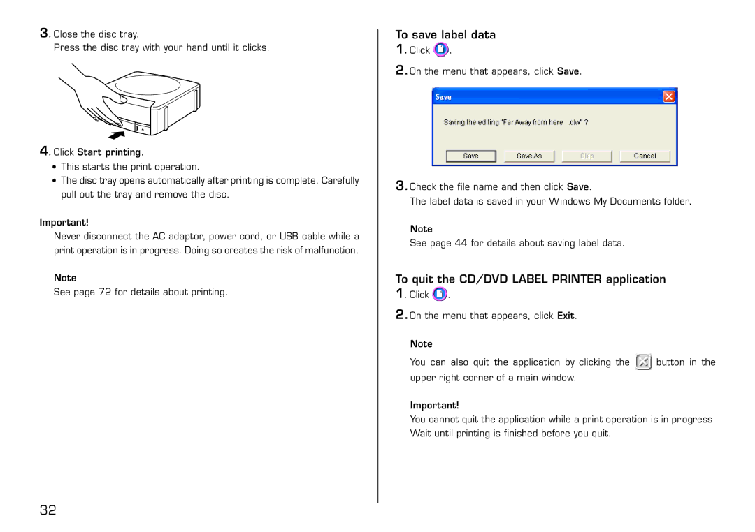 Casio LPCW-50 manual To save label data, To quit the CD/DVD Label Printer application 