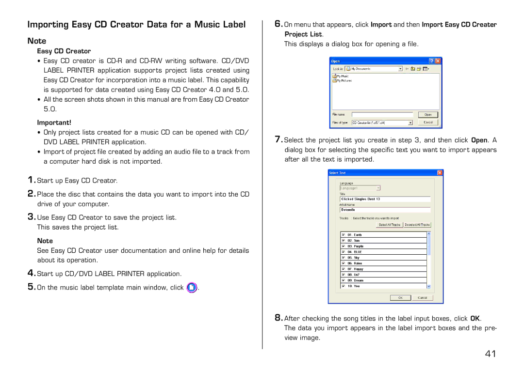 Casio LPCW-50 manual Importing Easy CD Creator Data for a Music Label 