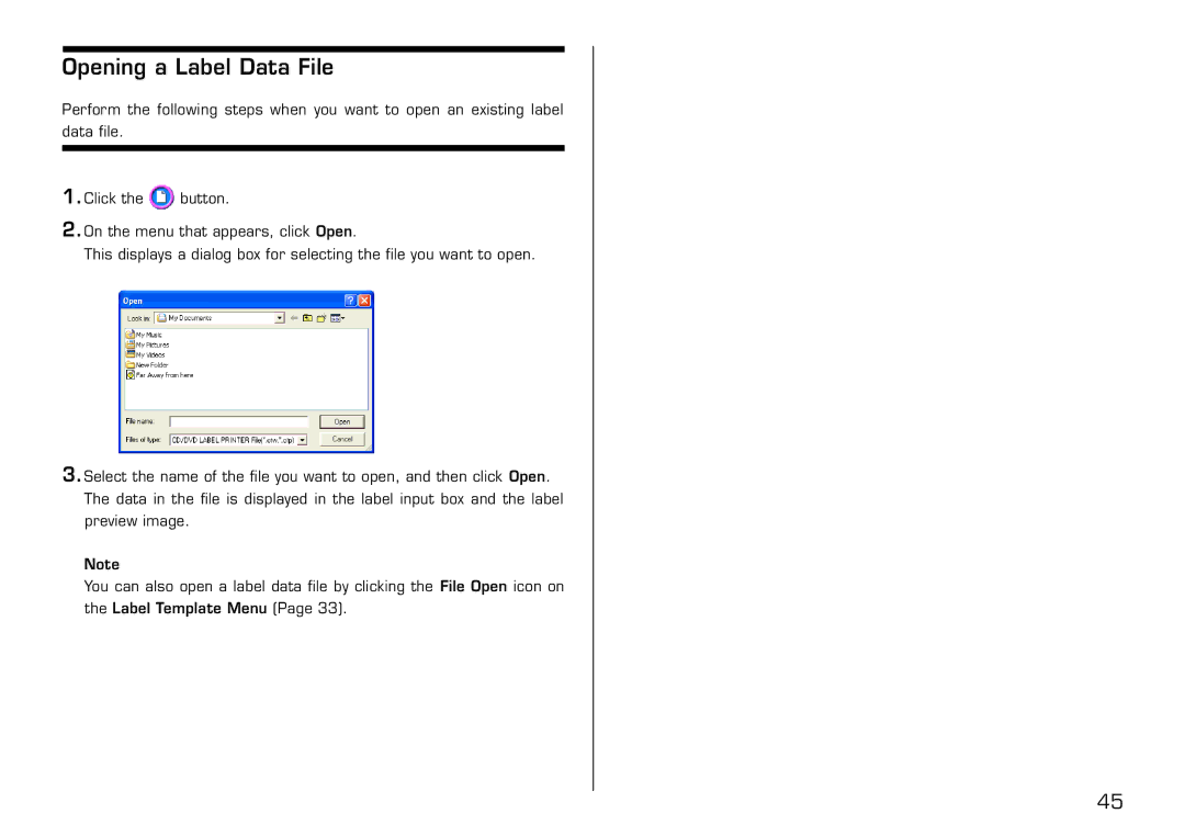 Casio LPCW-50 manual Opening a Label Data File 