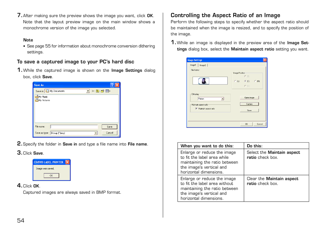 Casio LPCW-50 manual Controlling the Aspect Ratio of an Image, To save a captured image to your PC’s hard disc 