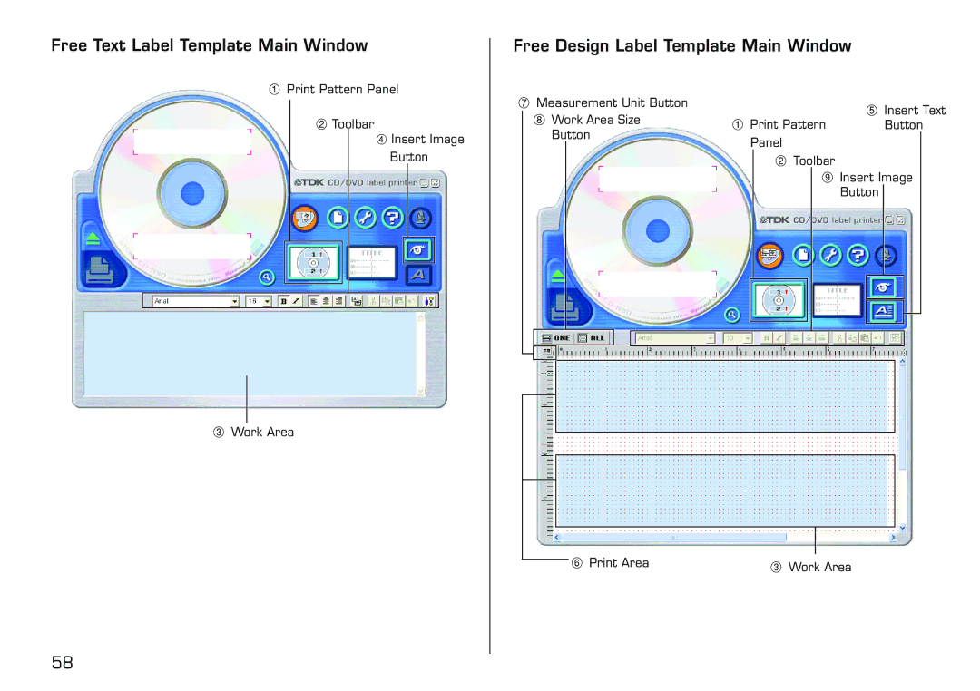 Casio LPCW-50 manual Free Text Label Template Main Window, Free Design Label Template Main Window 