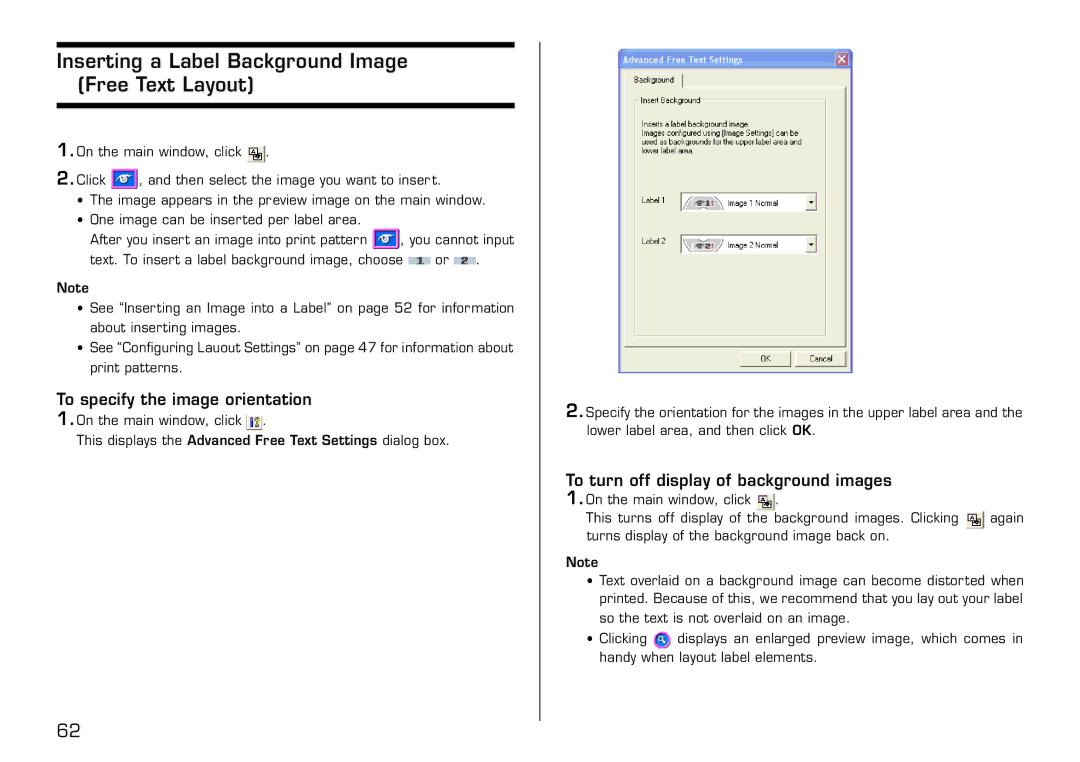 Casio LPCW-50 manual Inserting a Label Background Image Free Text Layout, To specify the image orientation 