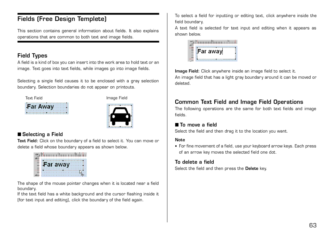 Casio LPCW-50 manual Fields Free Design Templete, Field Types, Common Text Field and Image Field Operations 