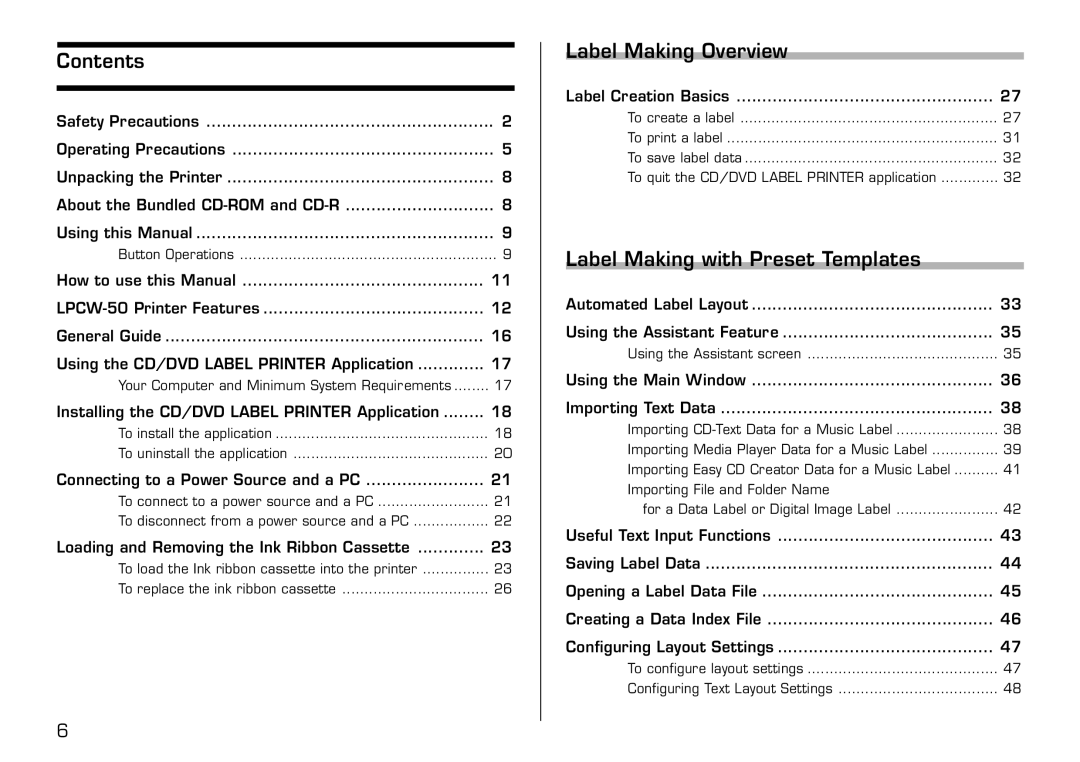 Casio LPCW-50 manual Contents, Label Making Overview, Label Making with Preset Templates 